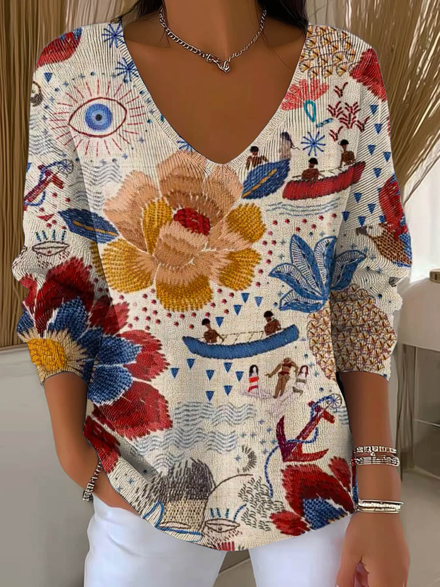 womens-vintage-floral-art-print-casual-pullover-sweater-7pcs