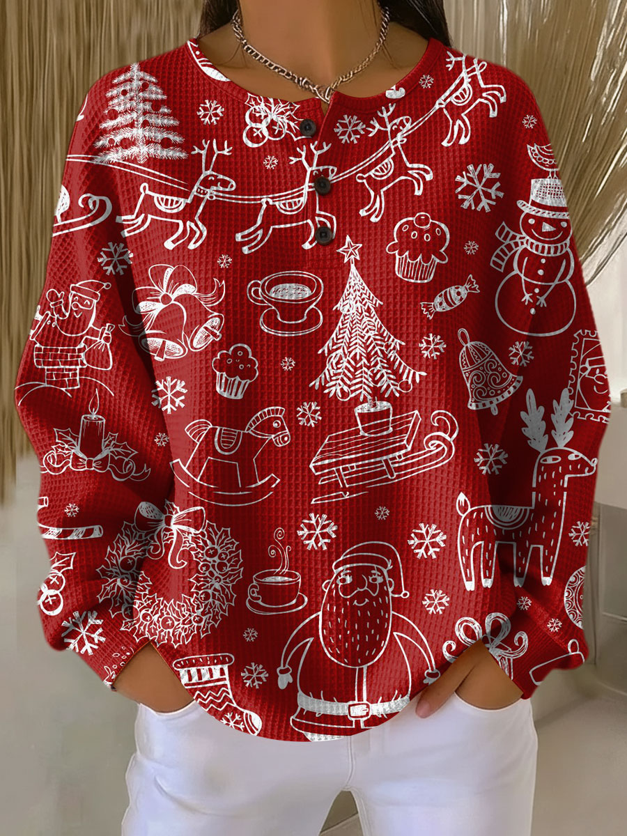 Women's Christmas Pattern Art Print Casual Waffle Henry Collar Sweatshirt