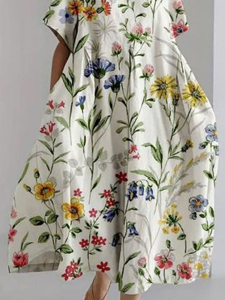 Women's Vintage Lovely Floral Art Print Large Size Loose Casual Dress