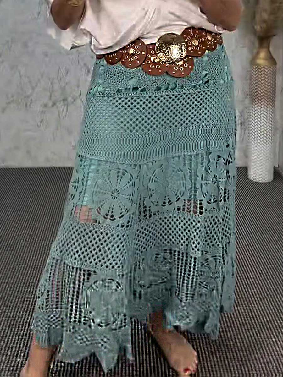 Women's High-Waisted Solid Color Hollow Lace Embroidery Casual A-Line Skirt