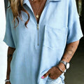 Women's Chest Pockets 100% Cotton Classic Loose Fit Lapel Zipper T-shirt