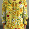 womens-vintage-floral-yellow-flowers-art-print-casual-peter-pan-collar-3-4-sleeve-sweater