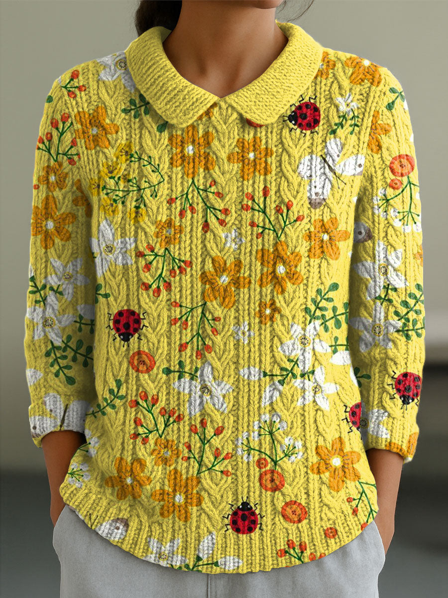 womens-vintage-floral-yellow-flowers-art-print-casual-peter-pan-collar-3-4-sleeve-sweater