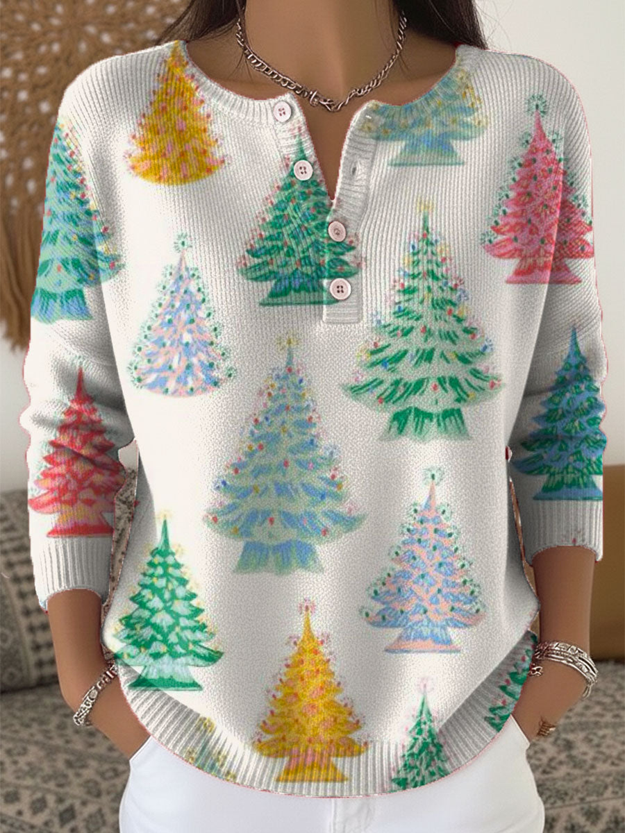 Women's Christmas Tree Art Print Buttoned Cardigan Sweater