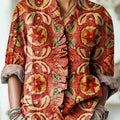 Women's Vintage Ethnic Floral Painting Art Print Casual Cotton And Linen Ruffle Shirt