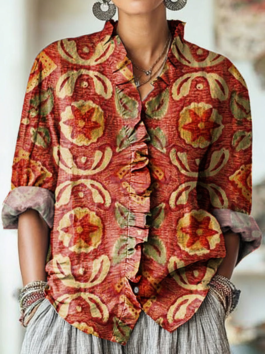 Women's Vintage Ethnic Floral Painting Art Print Casual Cotton And Linen Ruffle Shirt