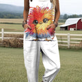Women's Lovely Chicken Pattern Art Print Casual 100% Cotton Wide Leg Jumpsuit