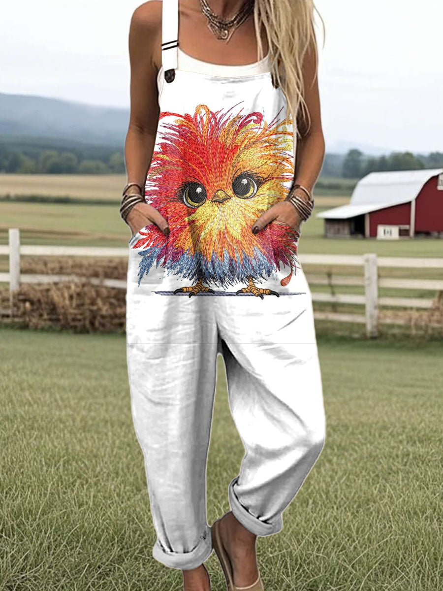 Women's Lovely Chicken Pattern Art Print Casual 100% Cotton Wide Leg Jumpsuit