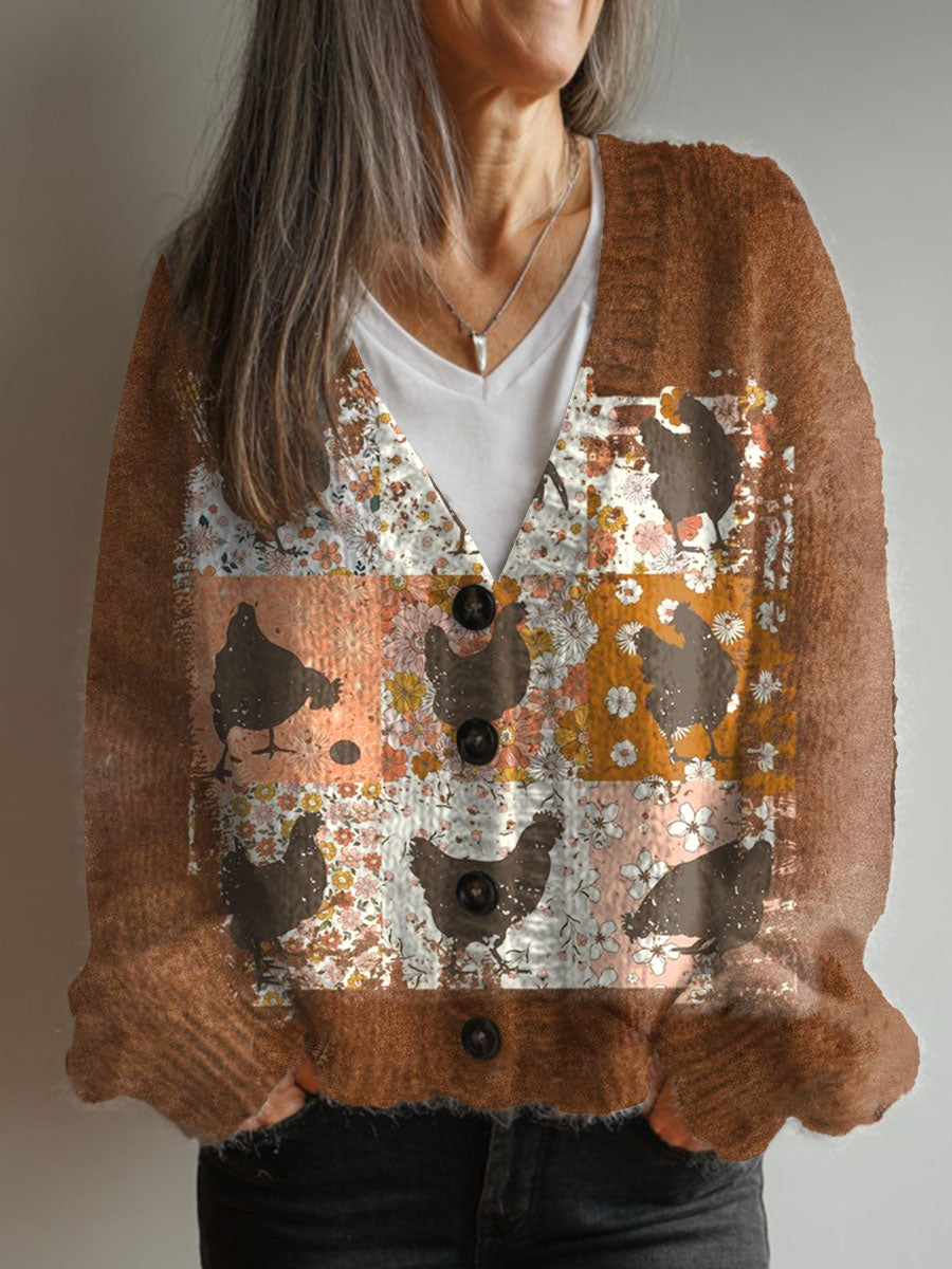 vintage-chicken-flower-art-print-buttoned-v-neck-cardigan-sweater-dc4e