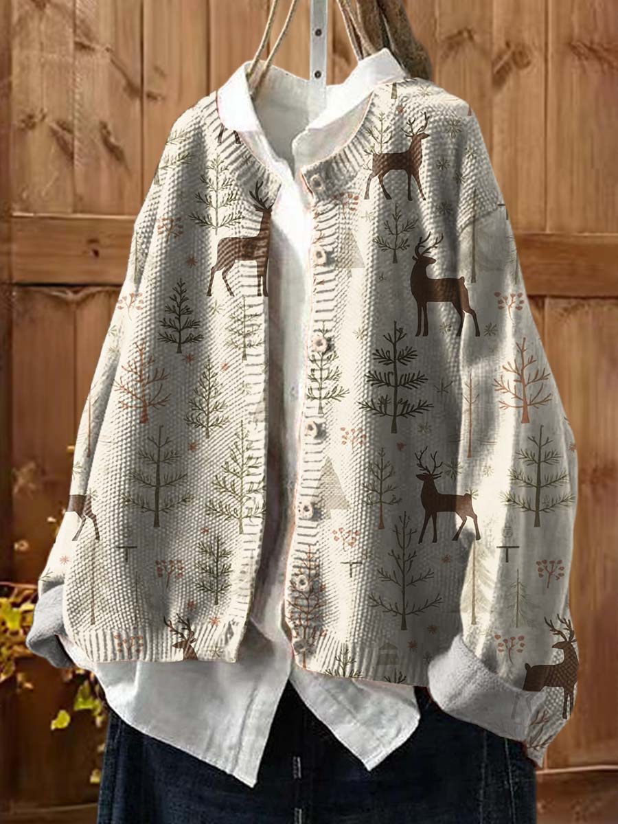 Women's Christmas Print Crew Neck Long Sleeve Casual Loose Cardigan Sweater