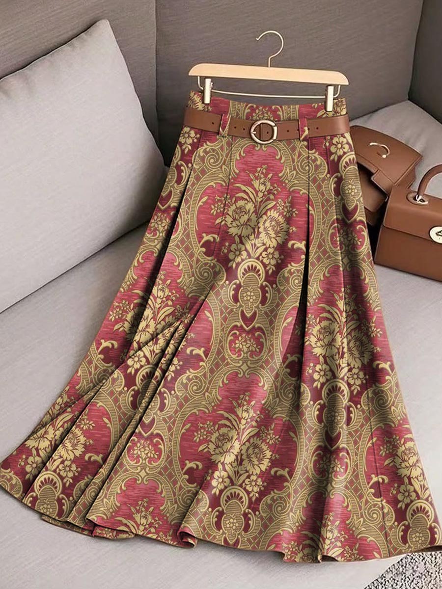 Women's Retro Floral Art Print Casual Cotton Skirt