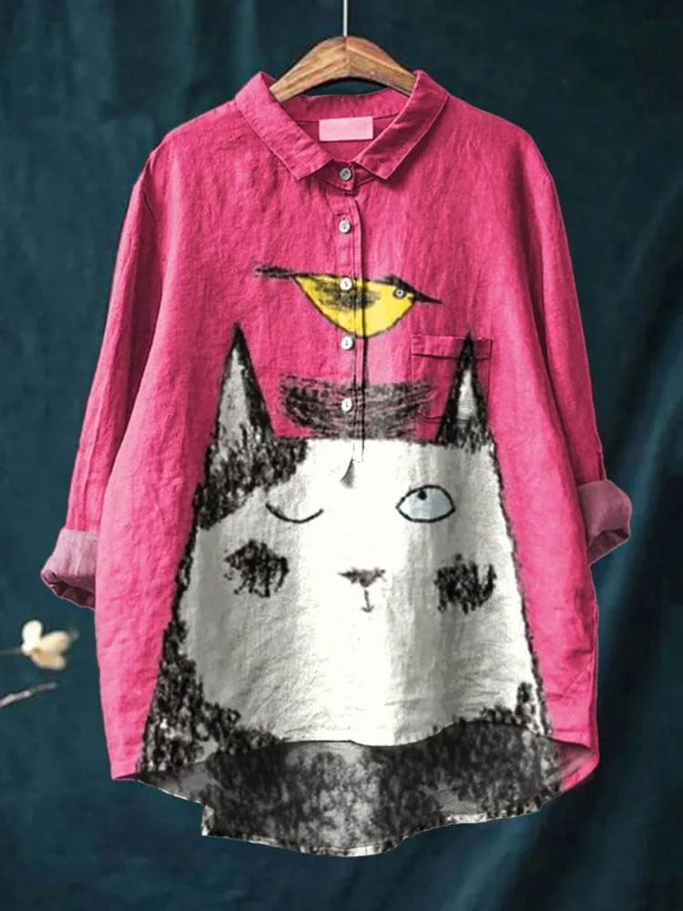 Women's Cat  Art Print Casual Cotton And Linen Shirt