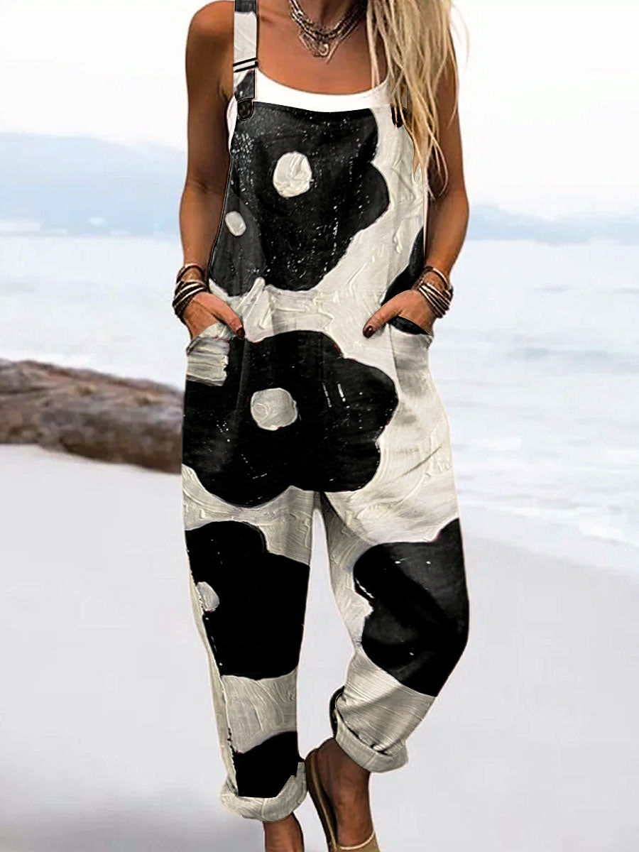 Women's Vintage Abstract Geometric Flower Art Print Casual 100% Cotton Wide Leg Jumpsuit