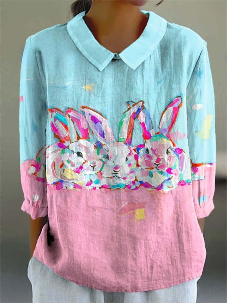 Women's Easter Bunny Colorful Art Print Casual Cotton And Linen 3/4 Sleeve Shirt