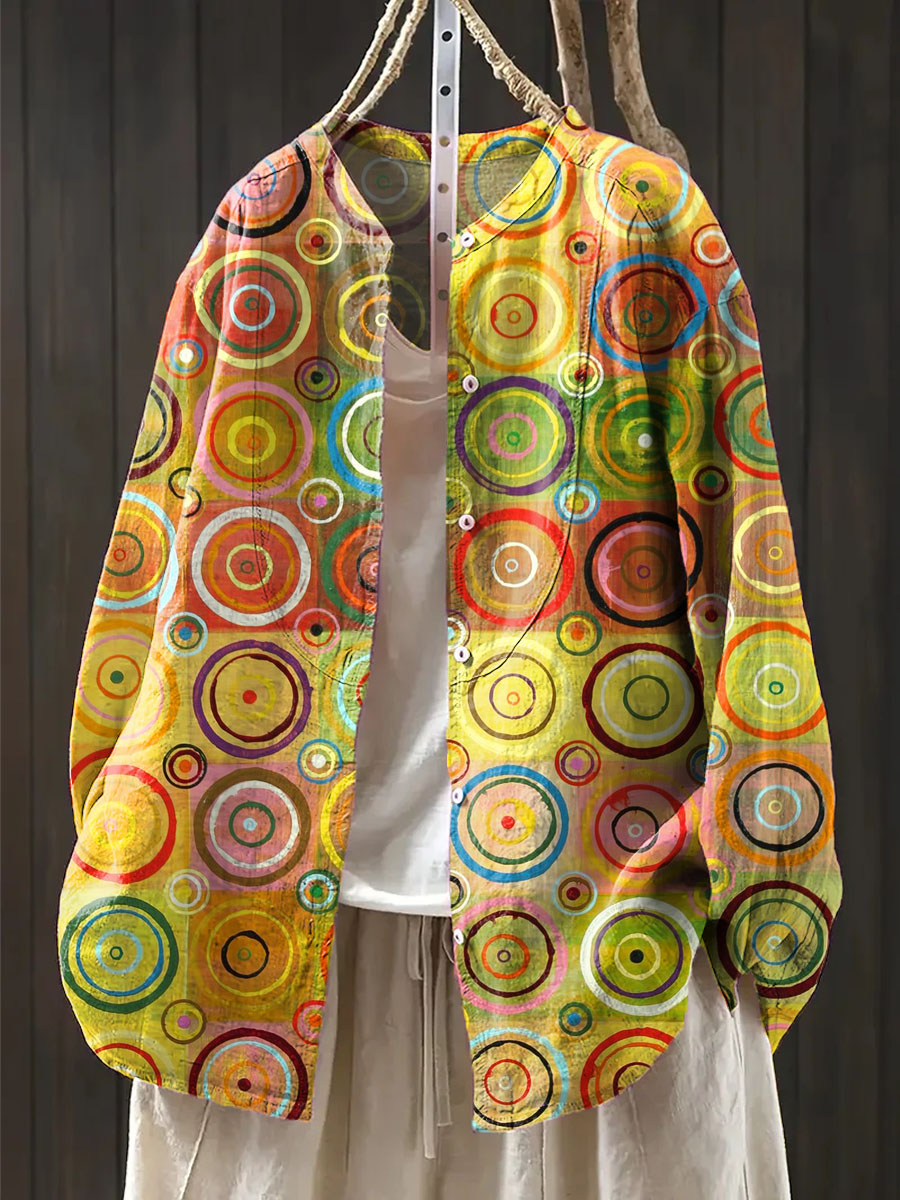 Women's Geometric Art Print Casual Cotton And Linen Shirt