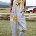 Women's  Funny  Bee Art Print Casual 100% Cotton Wide Leg Jumpsuit