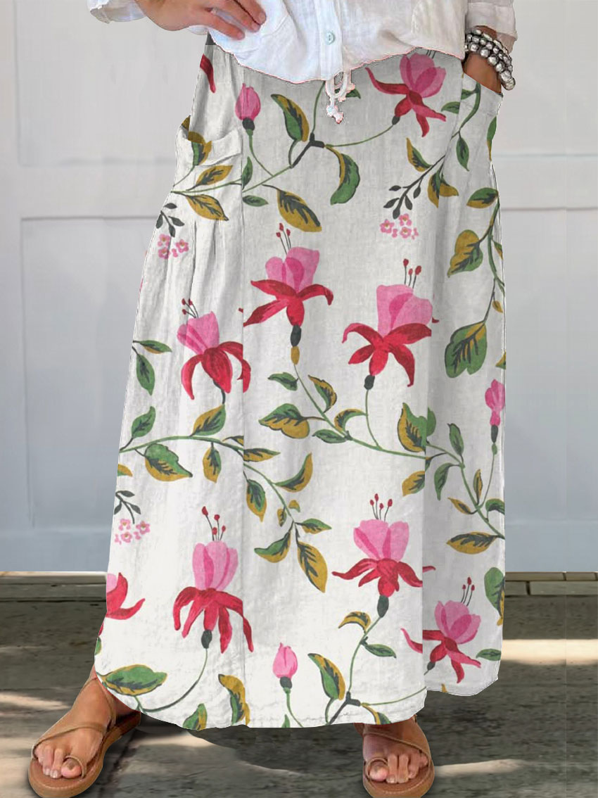 Women's Vintage Floral Art Print   Linen Pocket Skirt
