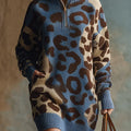Women's Leopard Print Stand Collar Long Sleeve Casual Loose Knit Dress