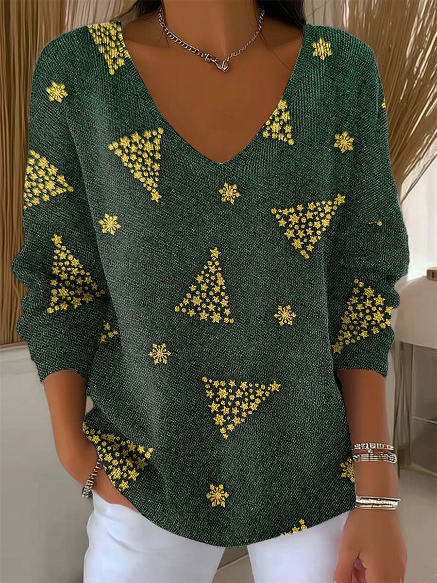 Women's Vintage Christmas Tree Art Print Casual Pullover Sweater