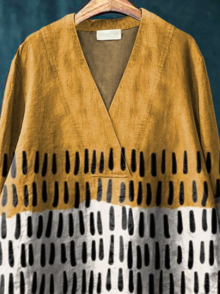 Contemporary Geometric Pattern Printed Women's Casual Cotton And Linen V-Neck Shirt