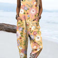 Women's Artistic Colourful Flowers Print Casual 100% Cotton Wide Leg Jumpsuit