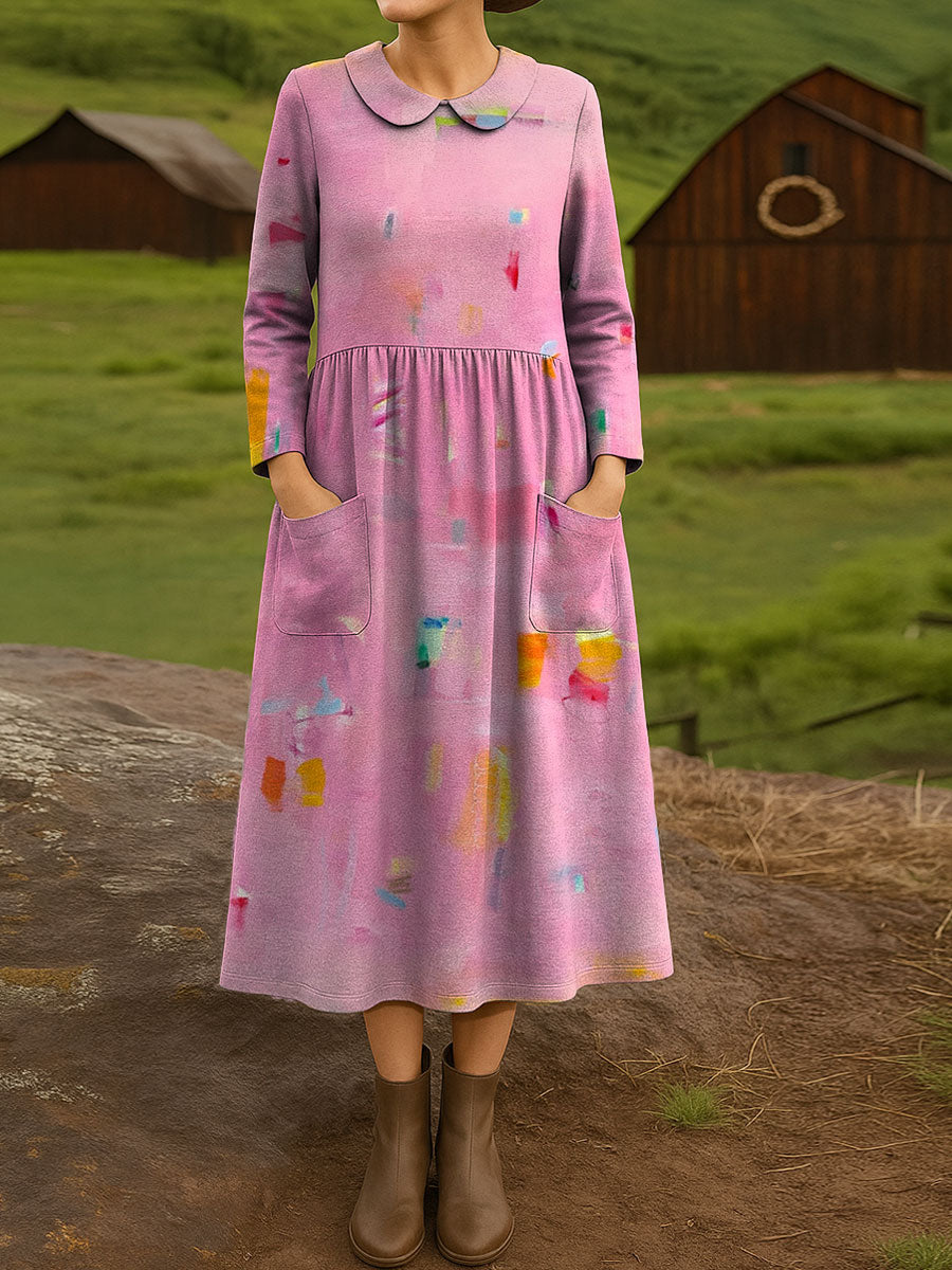 Women's Abstract Pink and Yellow Colorful Art Print Cotton Lapel Button-Down Shirt Dress