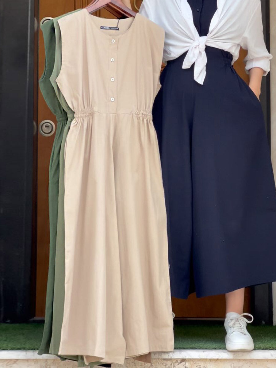 Women's Solid Color Round Neck Sleeveless Casual Linen Elastic Waist Jumpsuit Wide Leg Pants