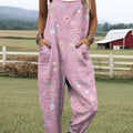 Women's Purple Art Flower Print Casual 100% Cotton Wide Leg Jumpsuit