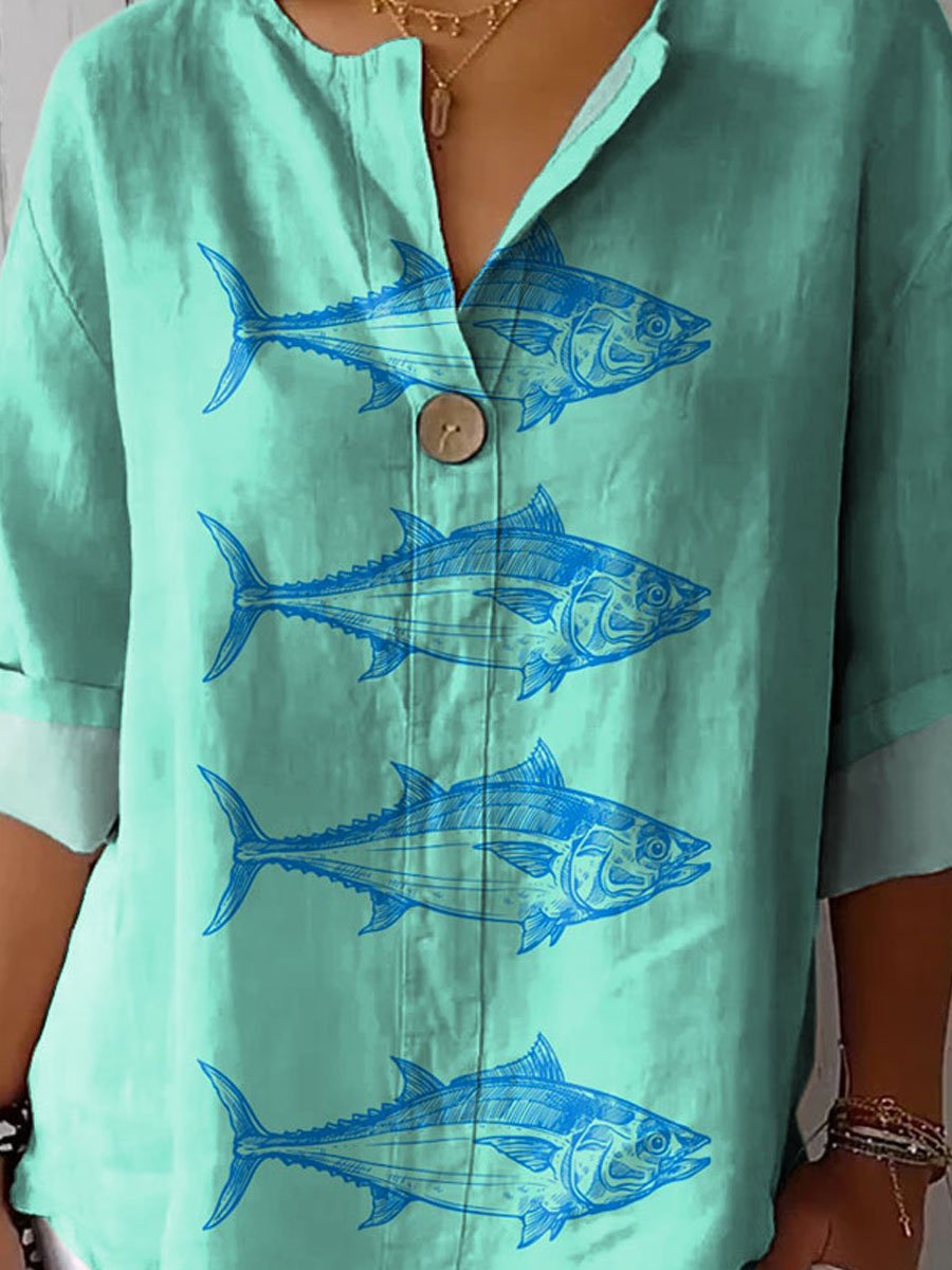 Women's Vintage Lovely Fish Art Print Casual Cotton Linen Shirt