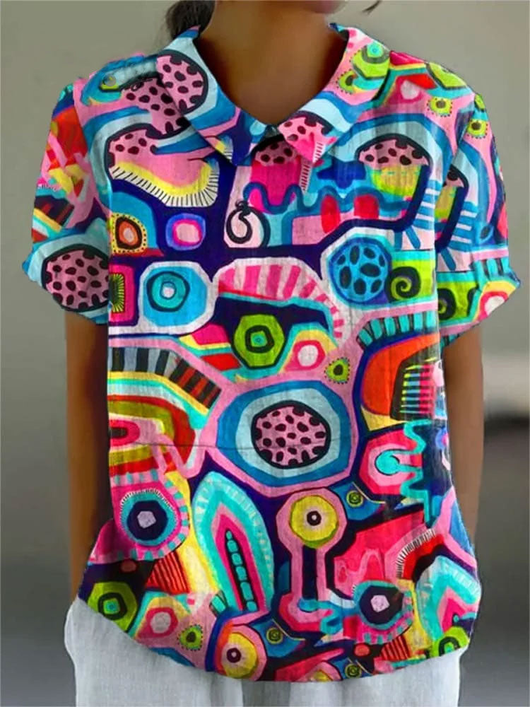 Women's Abstrct Art Print Casual Cotton And Linen Shirt