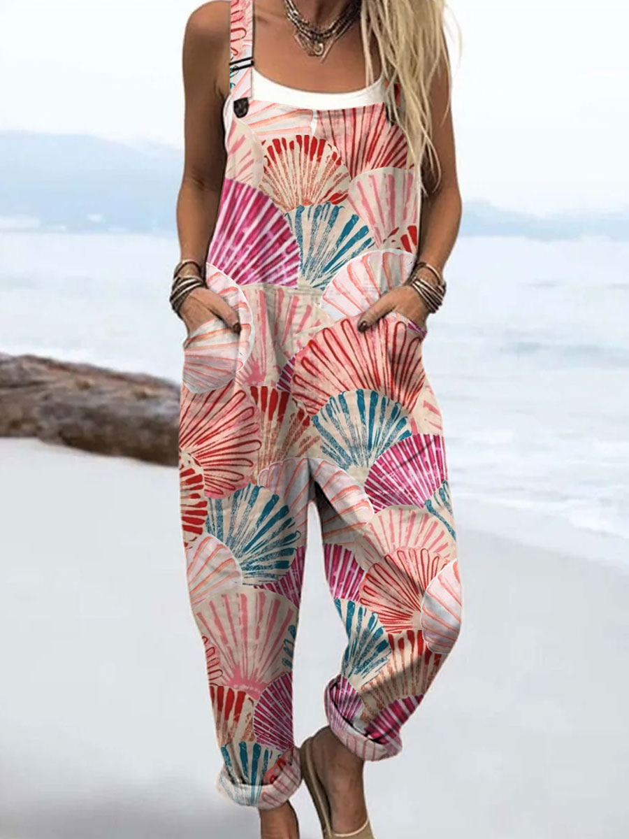 Women's Vintage Shell Art Print Casual 100% Cotton Wide Leg Jumpsuit