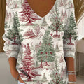 Women's Vintage Christmas Tree Art Print Casual Pullover Sweater