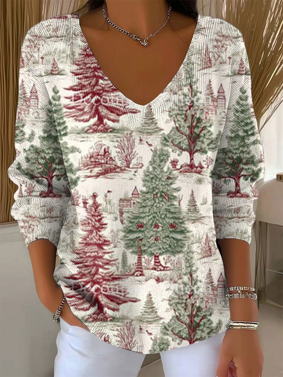 Women's Vintage Christmas Tree Art Print Casual Pullover Sweater