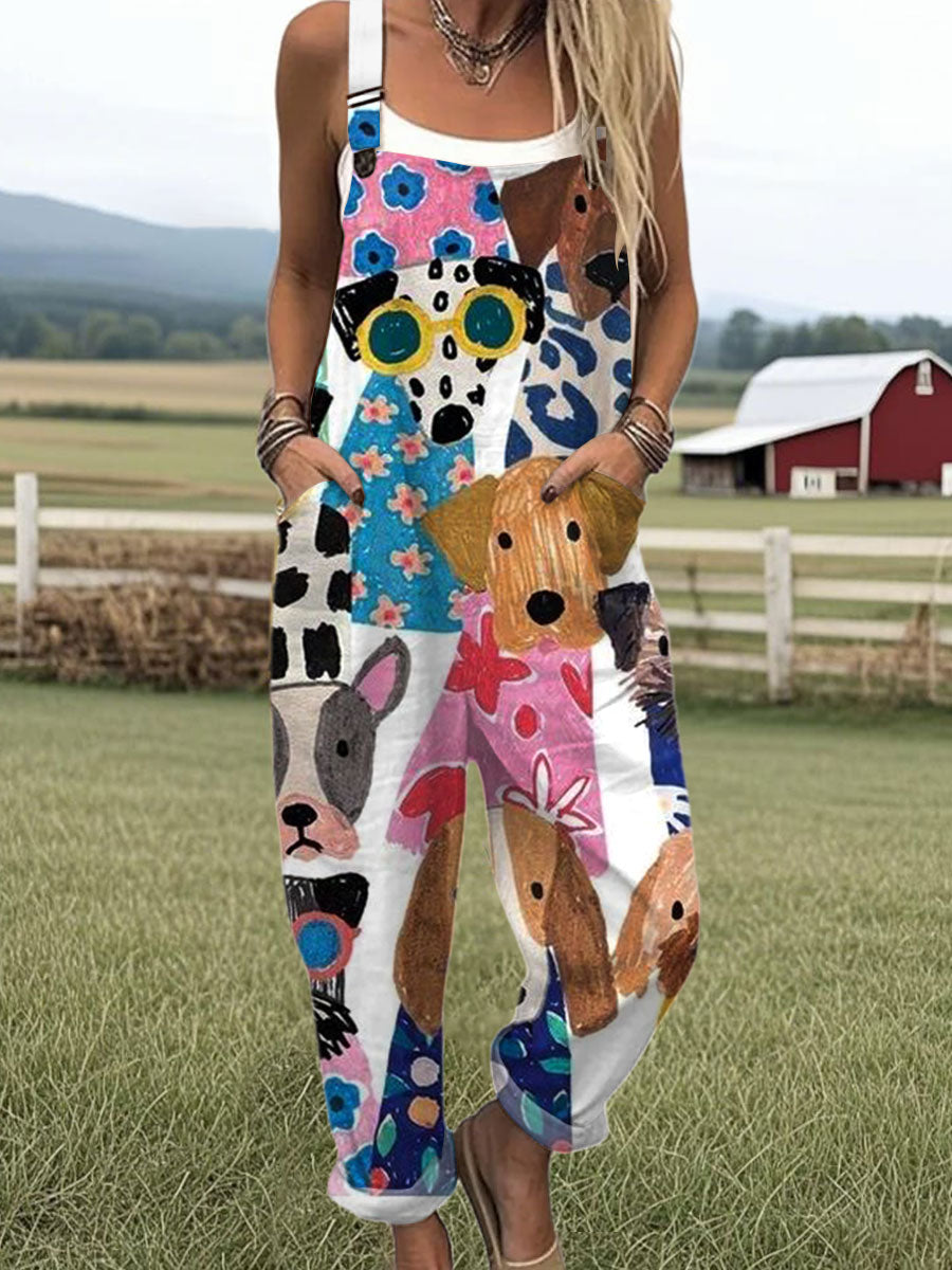 Women's  Funny Dog Art Print Casual 100% Cotton Wide Leg Jumpsuit