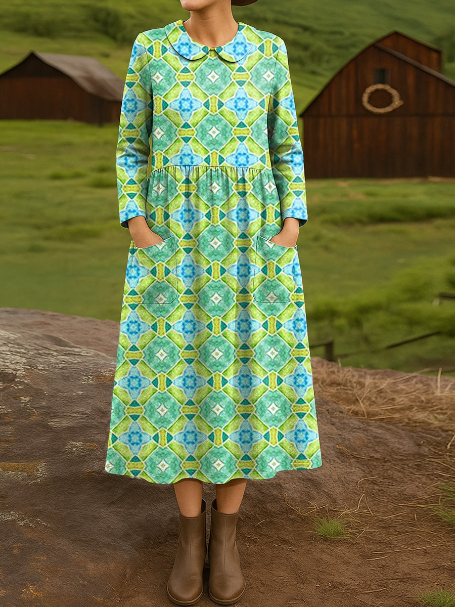 Women's Beautiful Diamond Geometric Painting Art Print Cotton Lapel Shirt Dress