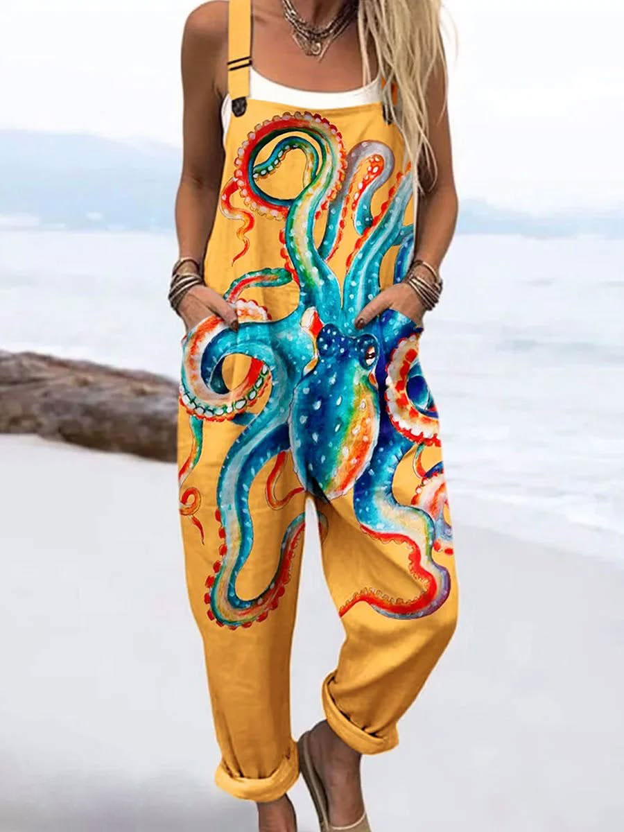 Women's   Colorful Octopus Vintage Art Print Casual 100% Cotton Wide Leg Jumpsuit