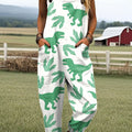 Women's Funny Dinosaur Art Print Casual 100% Cotton Wide Leg Jumpsuit