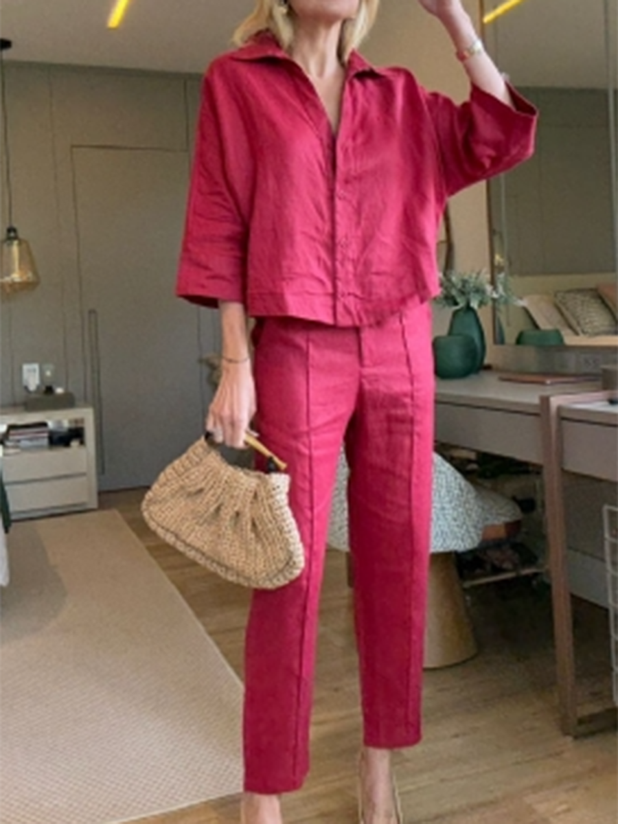 Casual Linen Shirt Elastic Pants Two-Piece Set