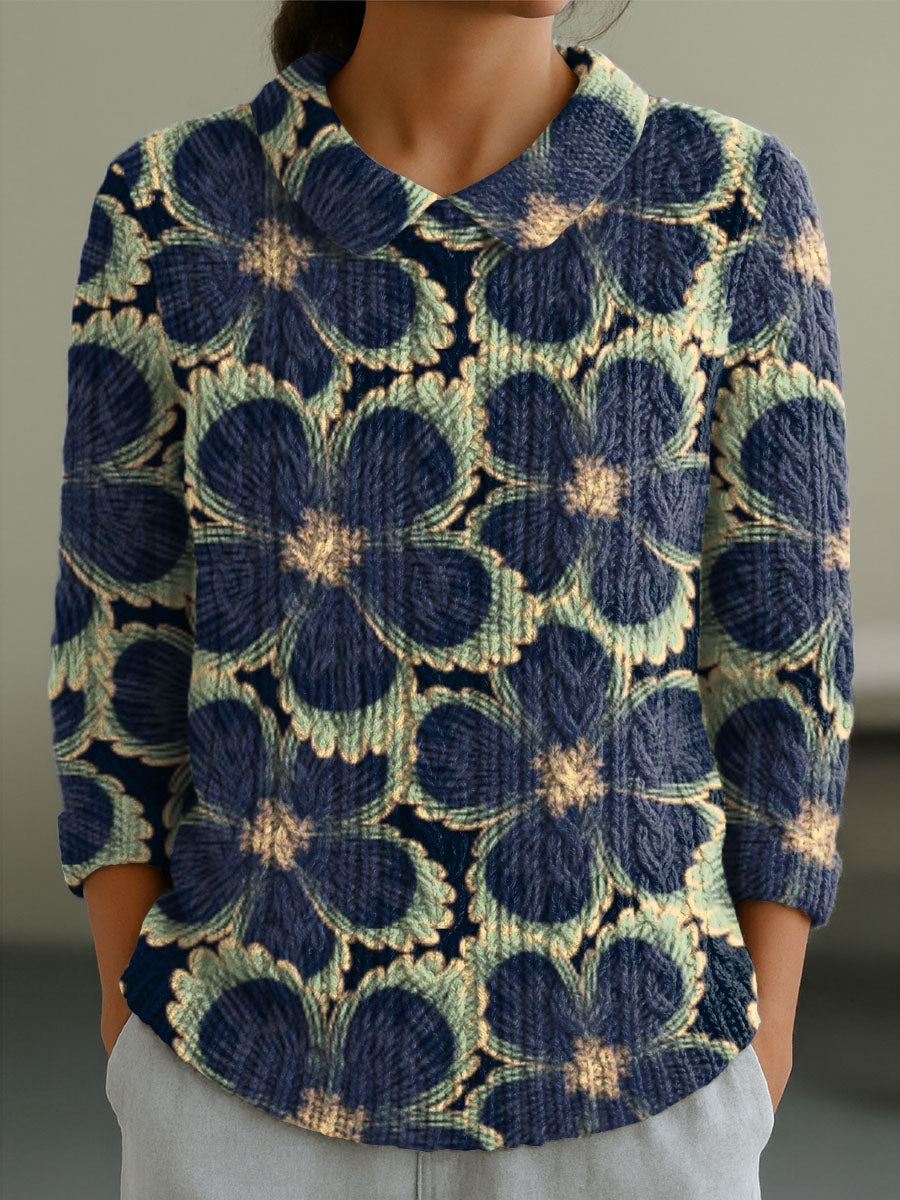 womens-vintage-floral-art-print-casual-peter-pan-collar-3-4-sleeve-sweater-f2xc