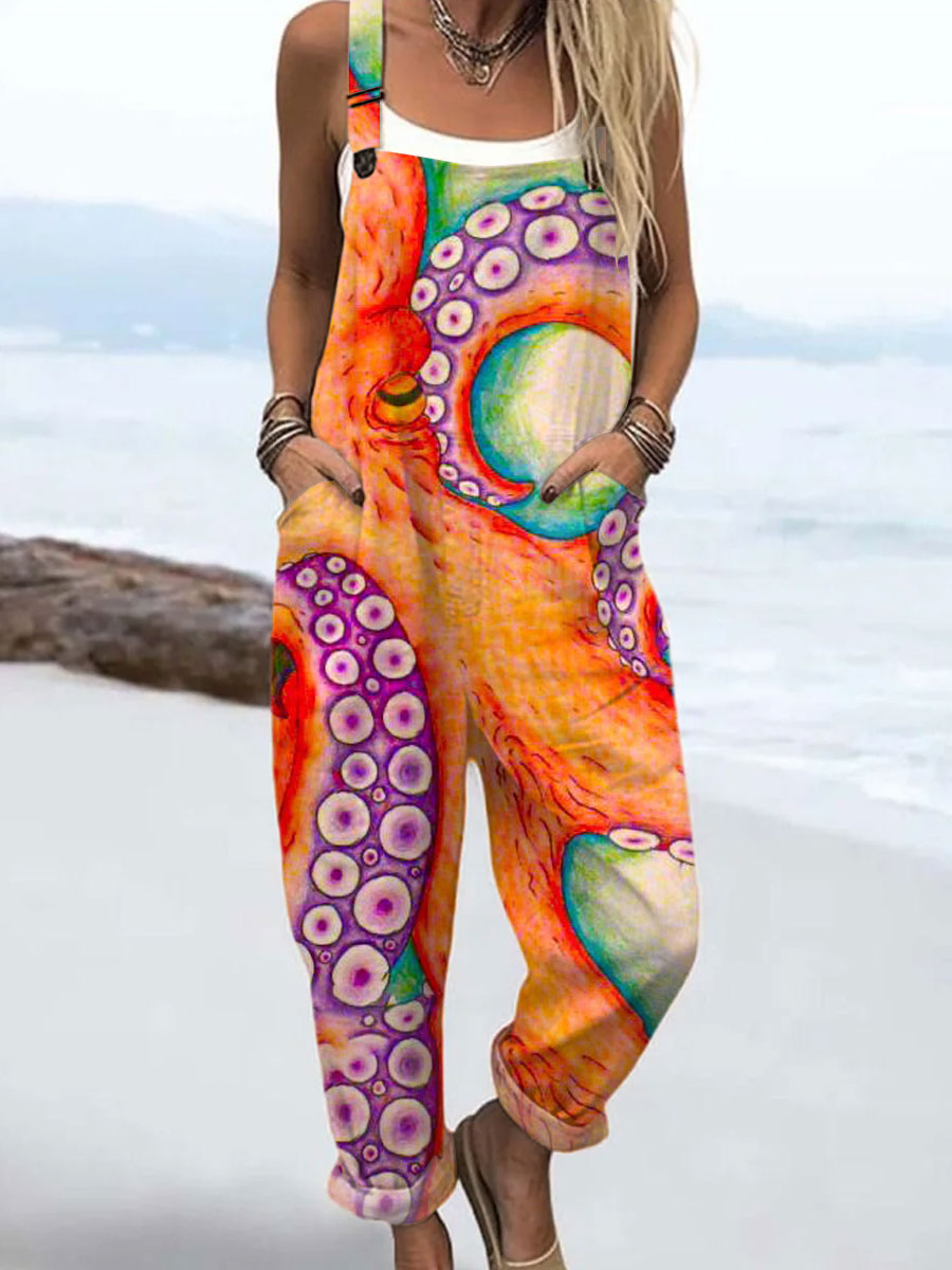 Women's  Retro Colored Octopus Art Print Casual 100% Cotton Wide Leg Jumpsuit
