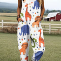 Women's Colorful Abstract Animal Art Print Casual Cotton Pocket Jumpsuit