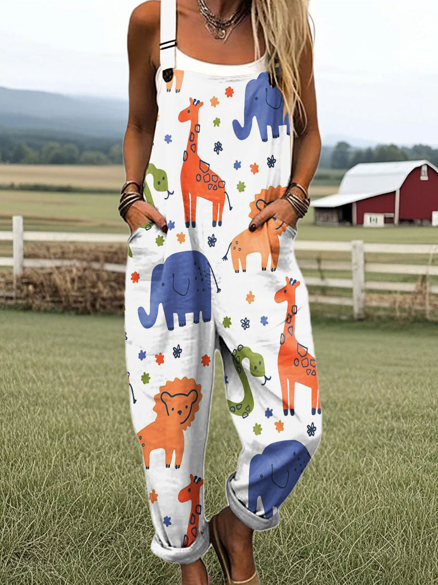 Women's Colorful Abstract Animal Art Print Casual Cotton Pocket Jumpsuit