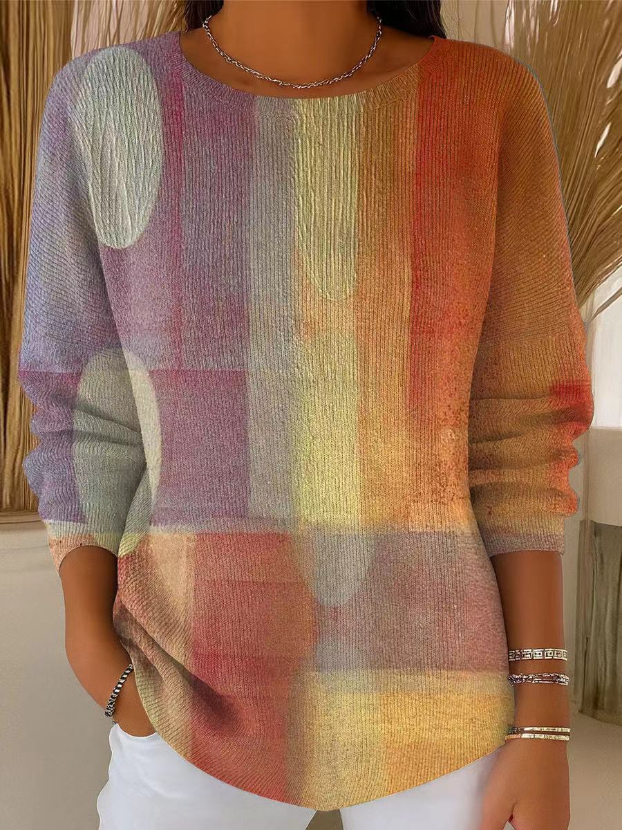 Women's Vintage Abstract Multicolor Geometric Painting Art Print Casual Pullover Sweater