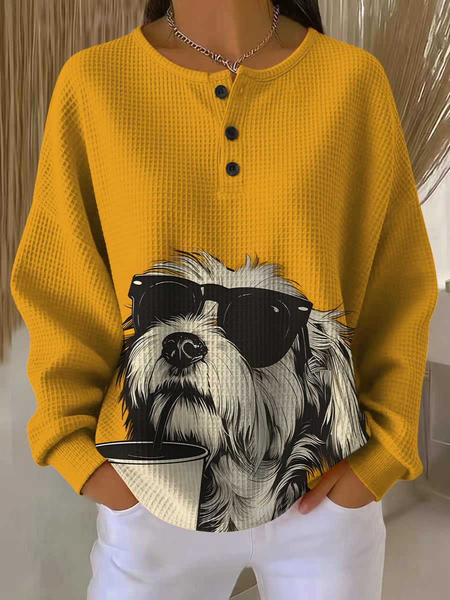 Women's Vintage Sunglasses Coffee Dog Art Print Casual Waffle Henry Collar Sweatshirt