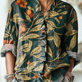 Women's Vintage Ethnic Branch and Fruit Pattern Art Print Casual Cotton And Linen Ruffle Shirt