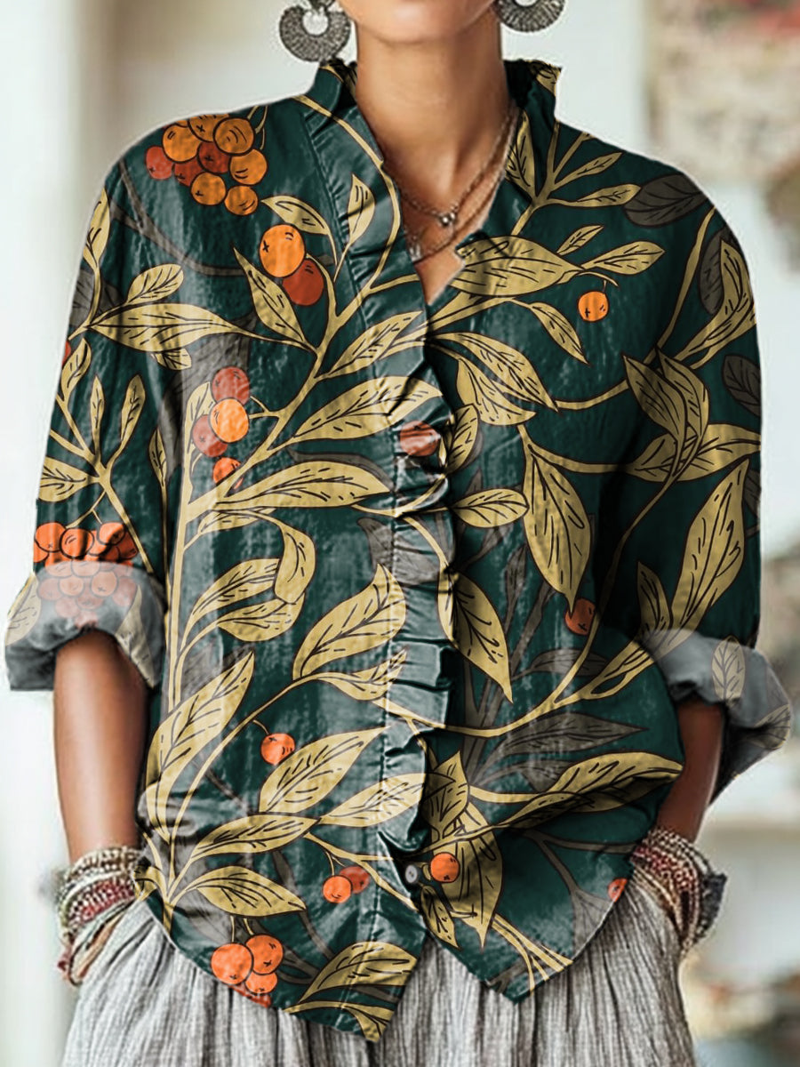 Women's Vintage Ethnic Branch and Fruit Pattern Art Print Casual Cotton And Linen Ruffle Shirt