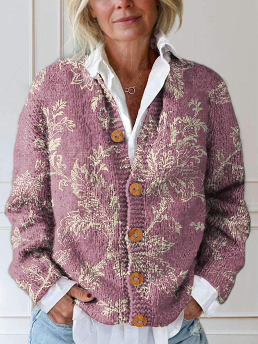 Women's Vintage Floral Art Print Buttoned Cardigan Sweater
