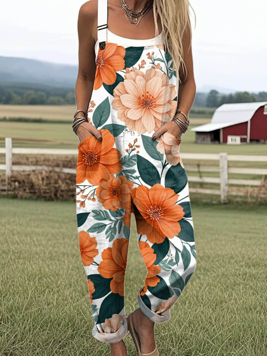 Women's Lovely Floral Art Print Casual 100% Cotton Wide Leg Jumpsuit