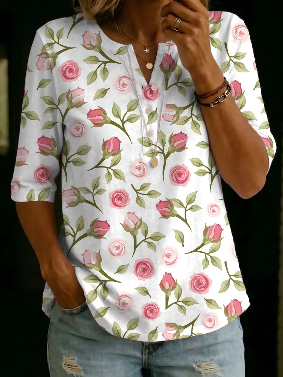 Women's Floral Pattern Art Print Casual Cotton Shirt