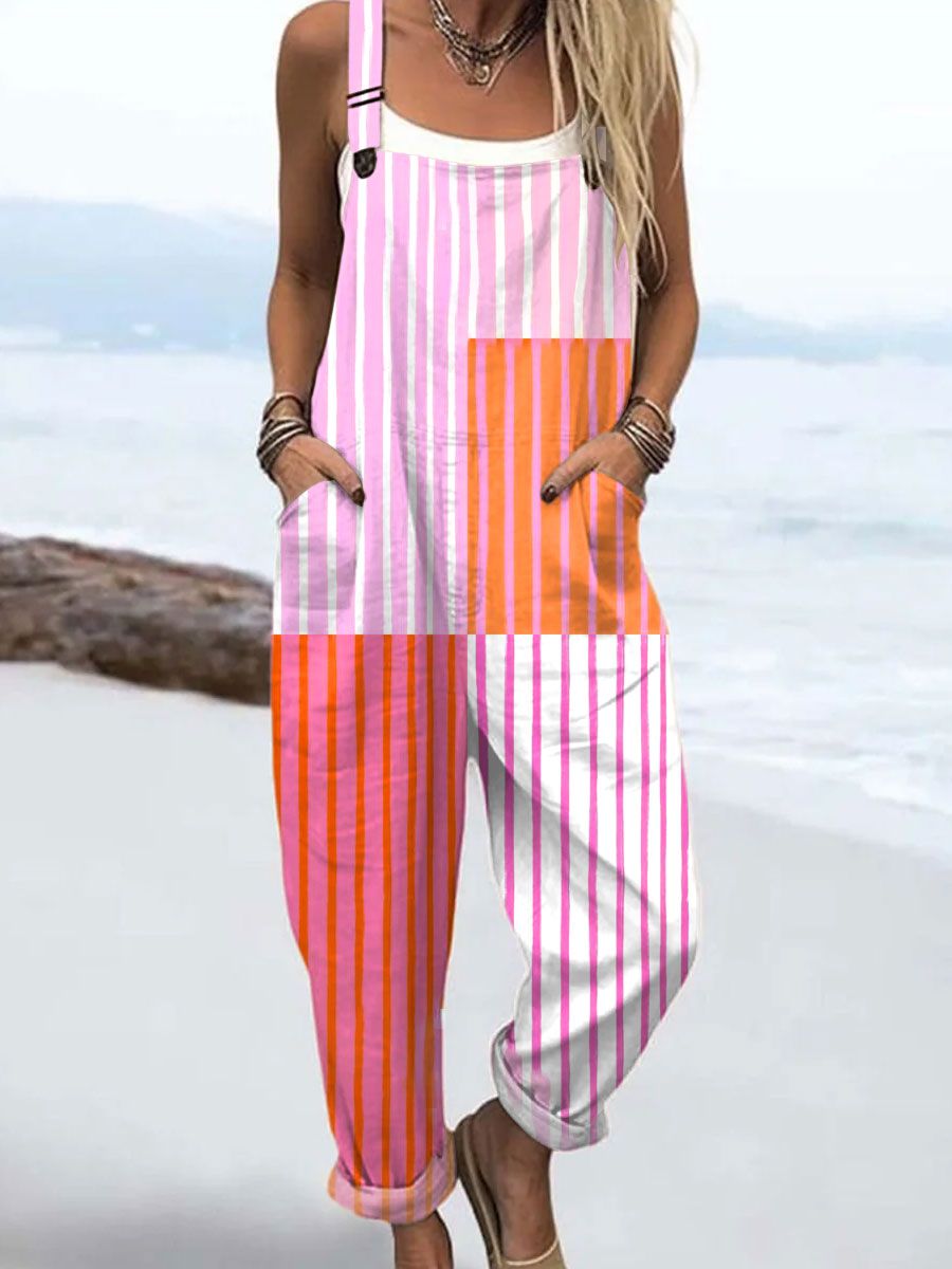 Women's  Vintage Abstract Geometric Art Print Casual 100% Cotton Wide Leg Jumpsuit